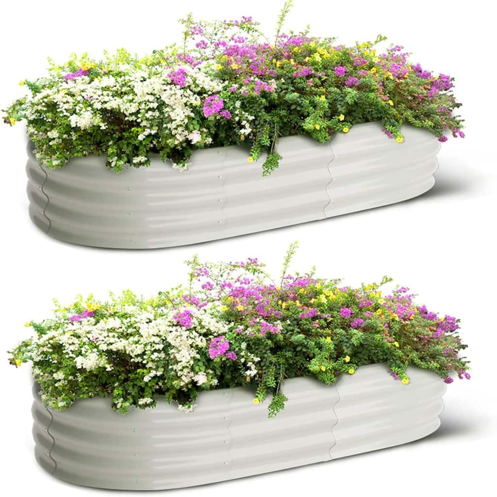 2-Pack Galvanized Steel Oval Raised Garden Beds (4.5x2x1.5FT) - Large Metal Planter Box with Open Base Off-White
