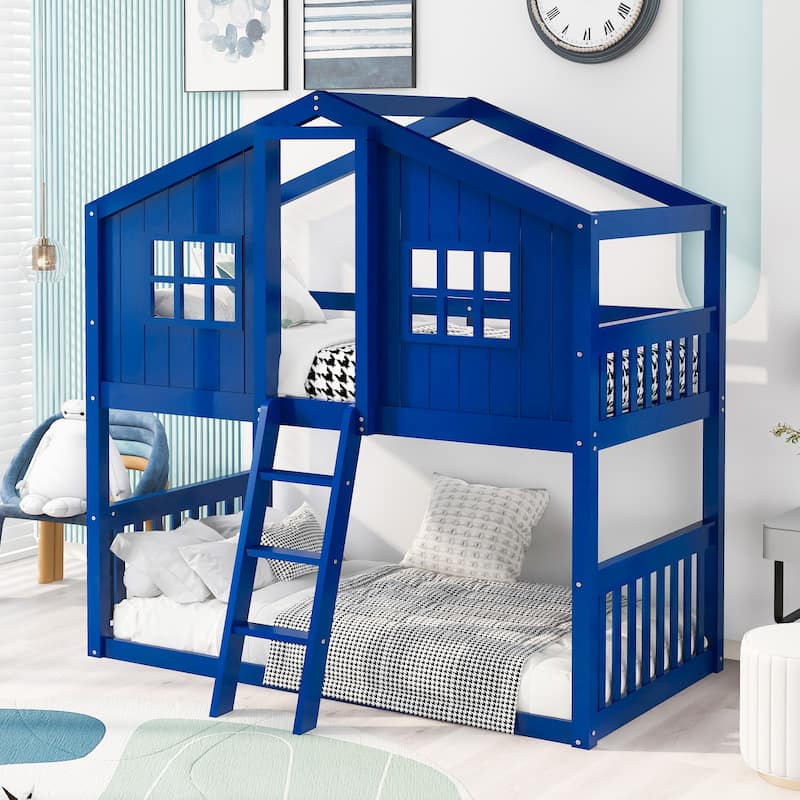 Twin Over Twin House Bunk Bed With Ladder, Wood Bed