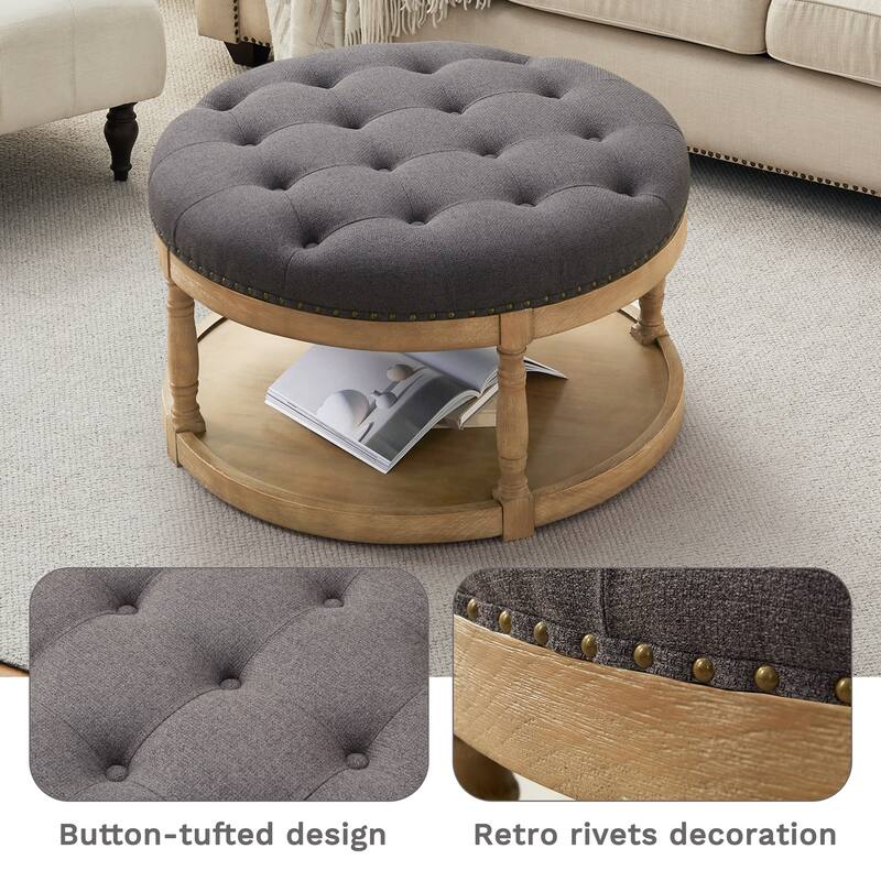 HUIMO 33in Round Upholstered Solid Wood Ottoman Coffee Table with Storage Shelf