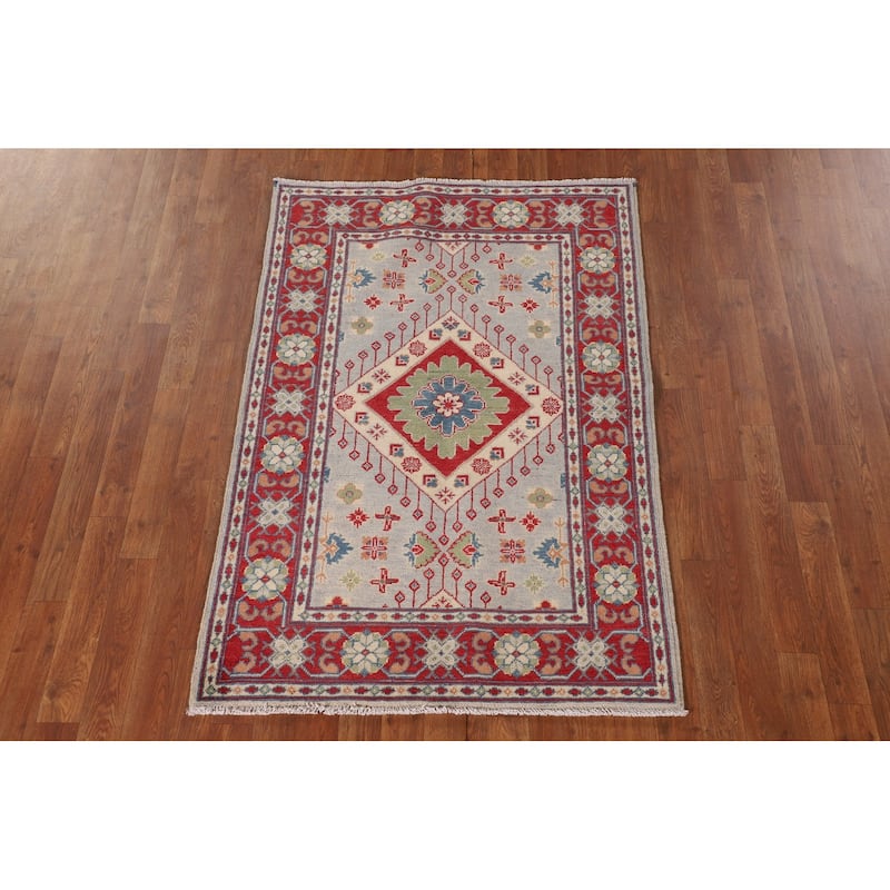 Grey Geometric Kazak Oriental Accent Rug Handmade Wool Carpet - 3'3"x 4'10"