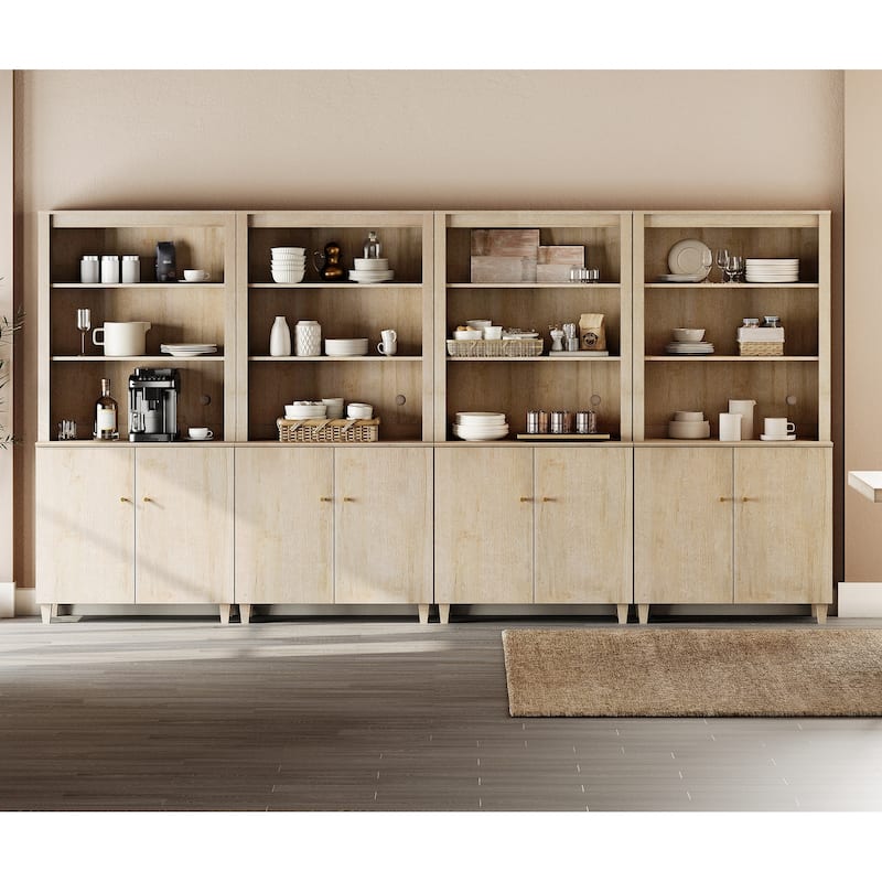 Modern 71" Tall Pantry Cabinet with Doors & Shelves for Dining Room - 8 Doors - Natural Oak