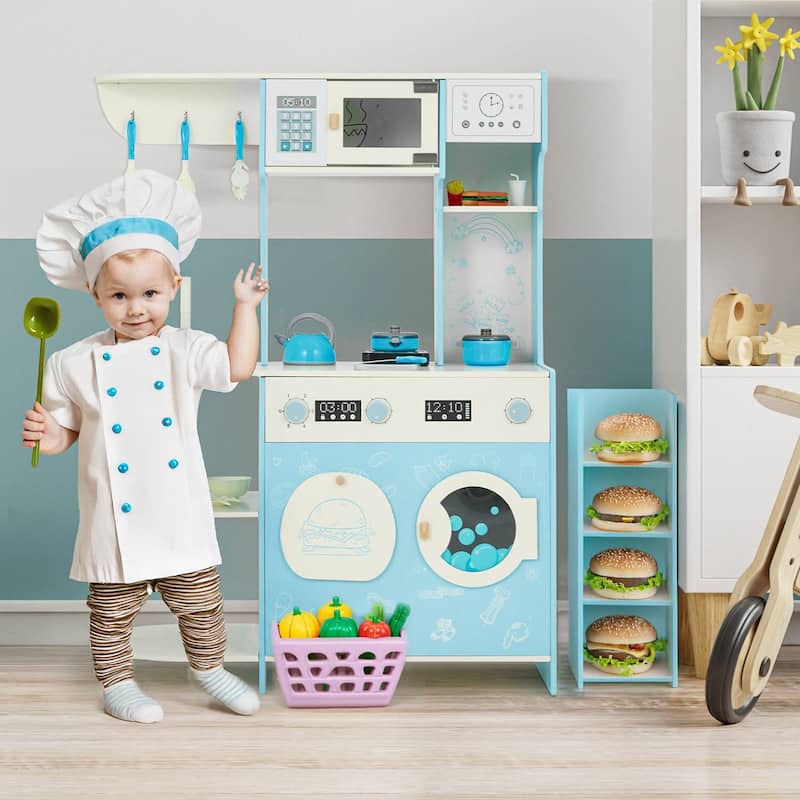 Wooden Play Kitchen Set for Kids, Pretend Cooking Toy, Interactive Kitchen Playset