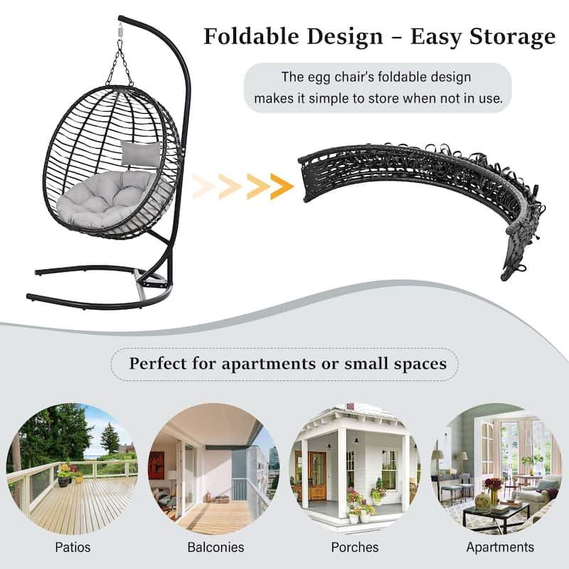 Single Person Folding Egg Chair with Stand, Hanging Egg Chair, Wicker Hammock Swing Chair with Adjustable Anti-Slip Feet