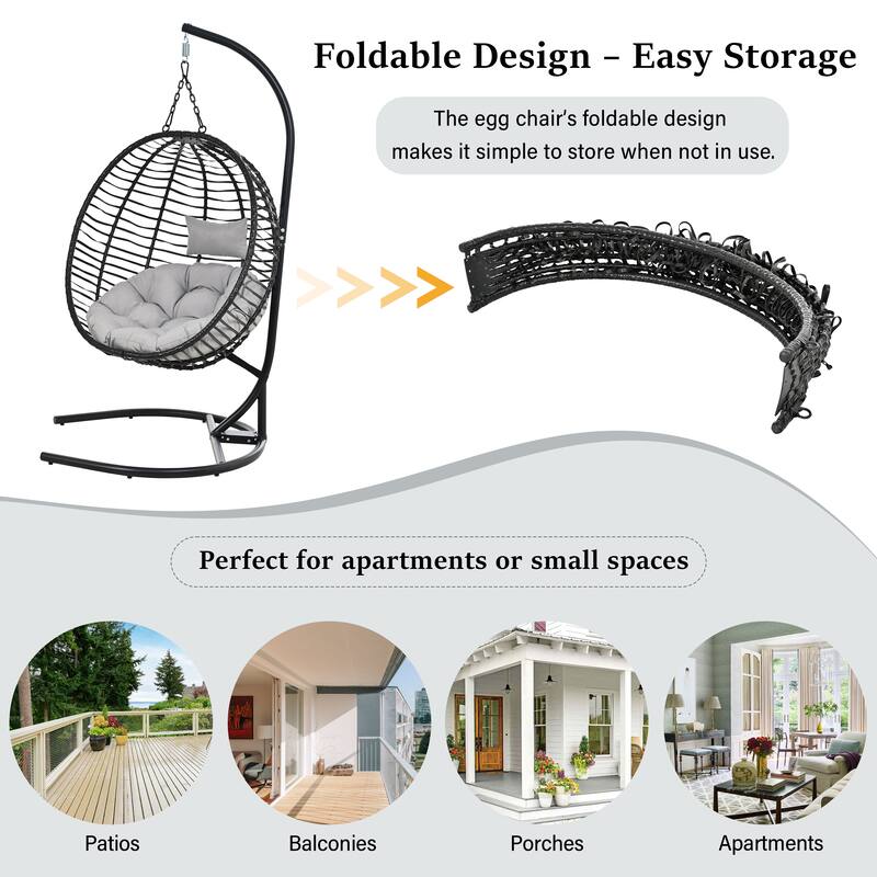 Single Person Folding Egg Chair with Stand - Hanging Wicker Hammock Swing with Adjustable Feet for Balcony, Garden, Bedroom