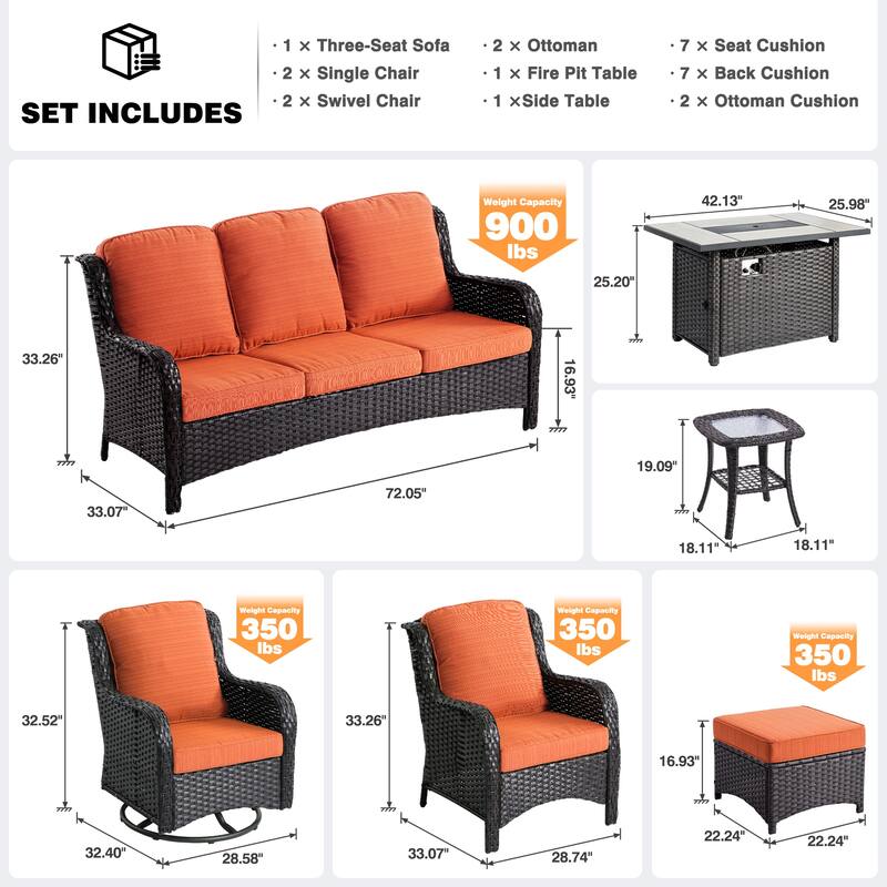 OVIOS 9-piece Patio Wicker Swivel Rocking Chair Set With Fire Pit