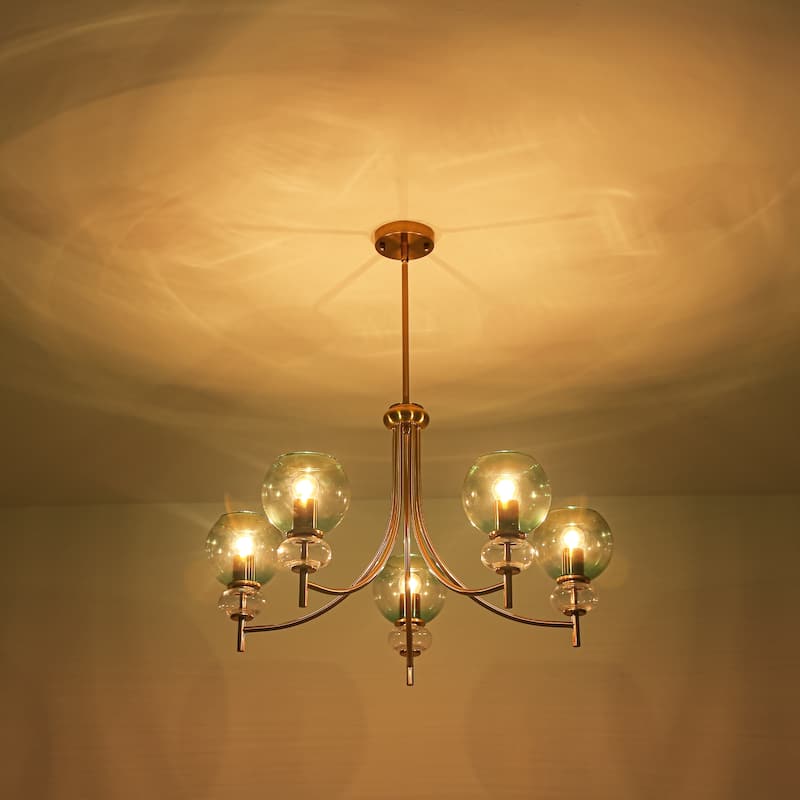 5-Light Mid-Century Modern Luxury Green Sputnik with Open/Bubble Glass Globe Shades Chandelier for Dining Room, Living Room