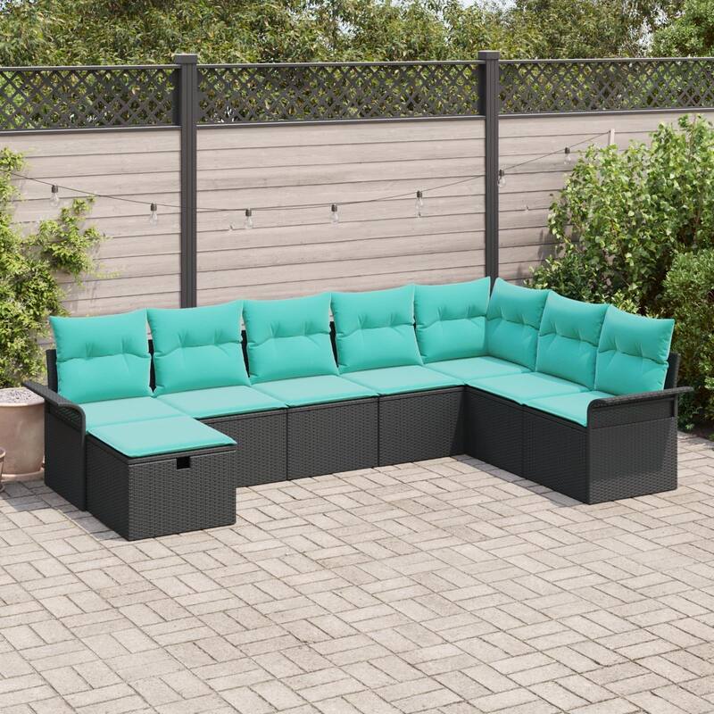 vidaXL 8/9 Piece Garden Sofa Set with Cushions Black Poly Rattan - 117.1×73.8×27.2 - Black