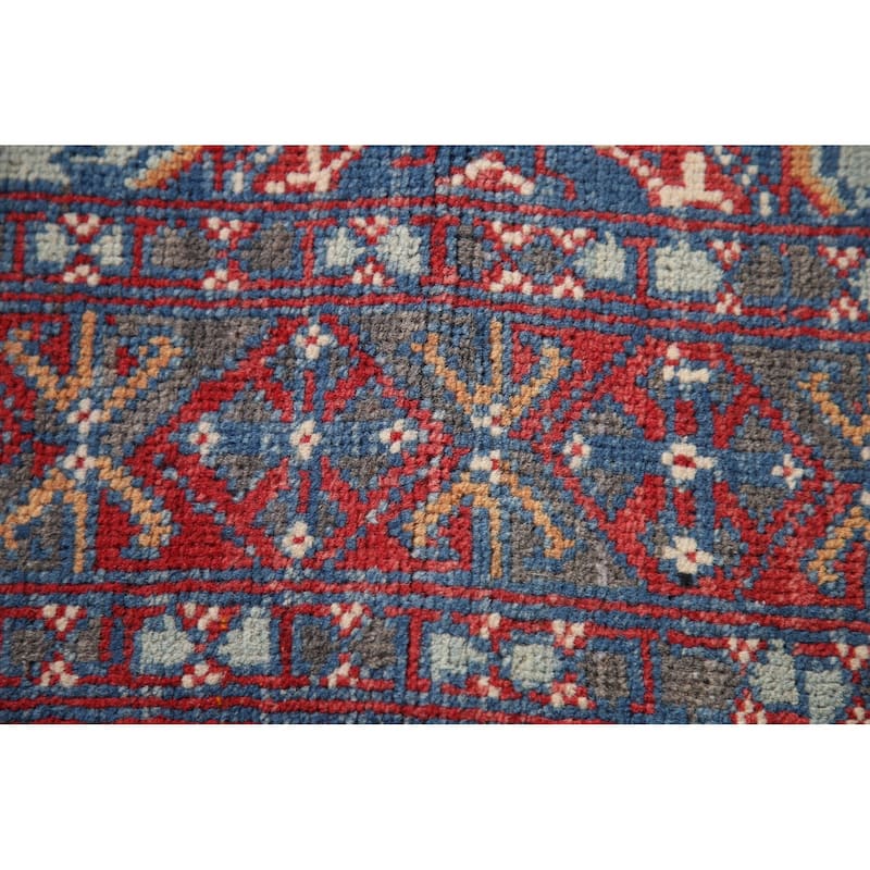 Geometric Kazak Accent Rug Hand-Knotted Blue Wool Carpet - 3'1"x 4'9"