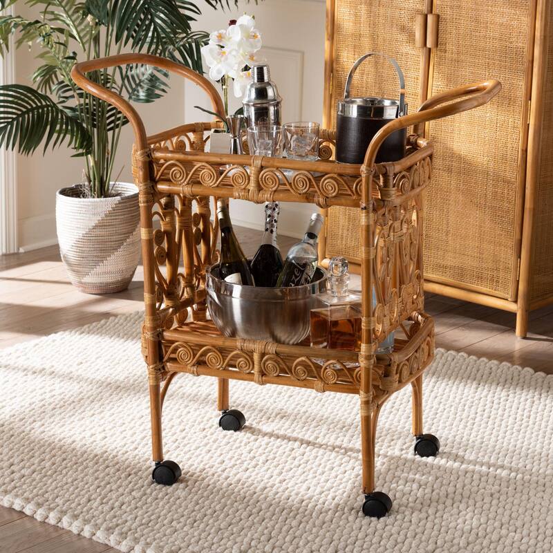 Diwata Modern Bohemian Natural Brown Rattan Kitchen Cart