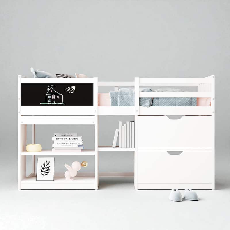 Twin Size Low Loft Bed with Rolling Desk, Storage Drawers and Bookshelf, Pine Wood Frame