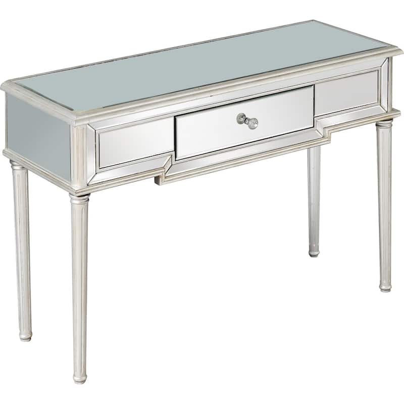 Silver Mirrored Glass Console Table, Antique Finish and 1 Drawer - 48” L x 17.2” W x 33.2” H - Silver