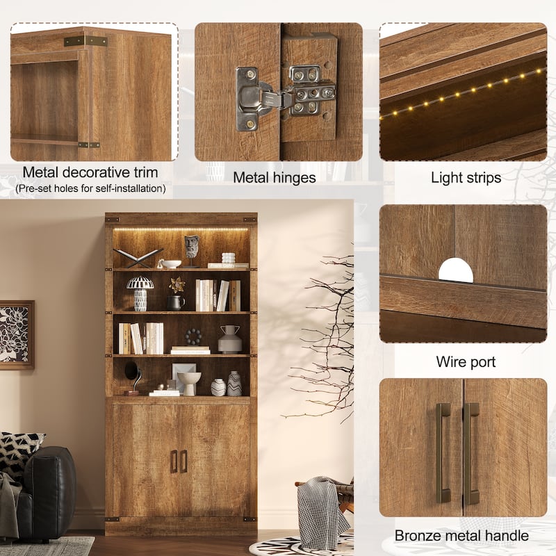 83.4" Tall Bookshelf with Doors, Farmhouse Bookcase with 3-Tier Adjustable Shelves, Display Storage Cabinet with LED Light