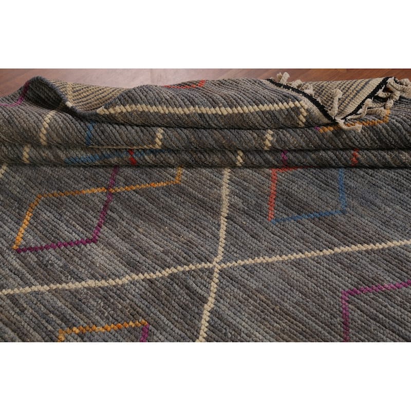 Gray & Blue Trellis Moroccan Area Rug Hand-Knotted Wool Carpet - 8'10"x 12'7"