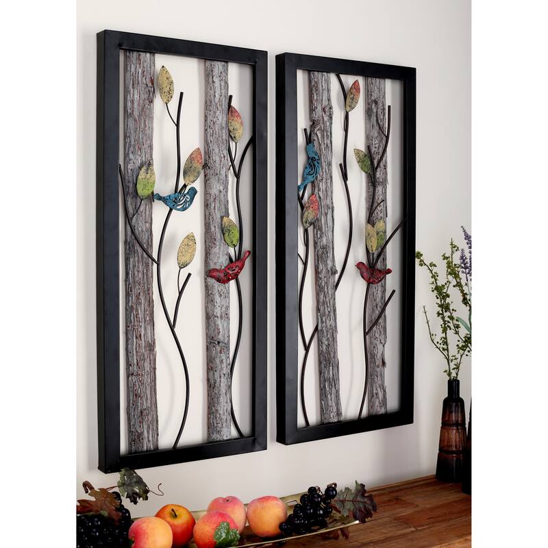 Black Metal Bird Wall Decor with Tree Branches and Colorful Leaves