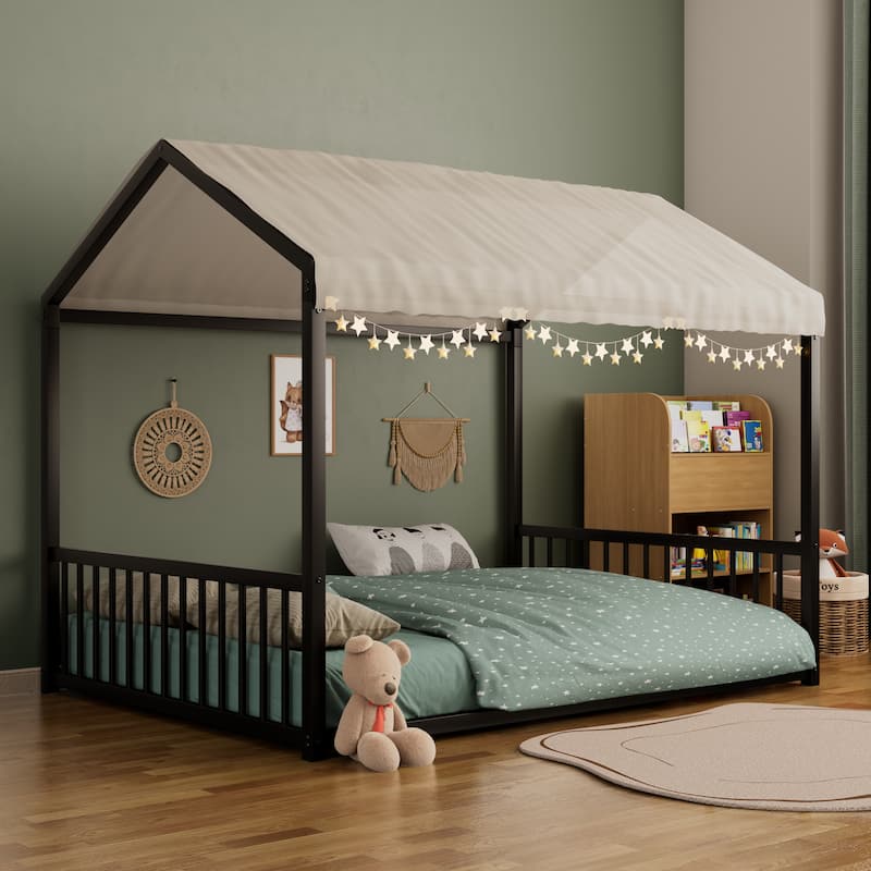 Montessori Style Metal Floor Bed Frame, House Shaped Bed for Kids and Toddlers, No Slats, House Bed - Black Vertical - Full
