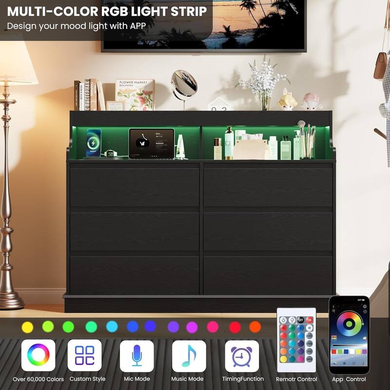 Dresser for Bedroom with 6 Drawers, Modern Chest Featuring LED Lights and Charging Station