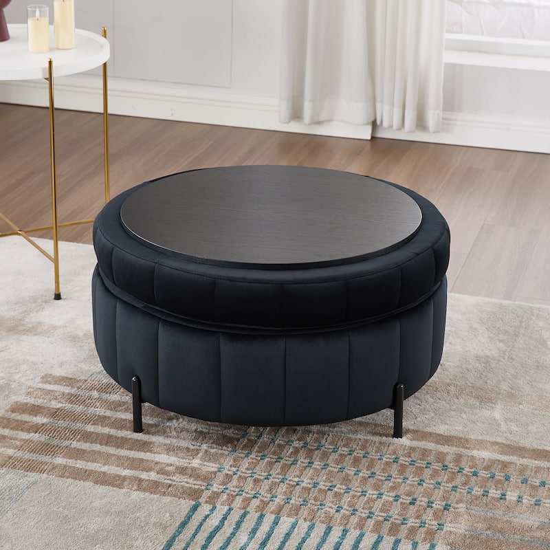 31.5"W Upholstered Round Ottoman With Reversible Lid, Velvet Storage Stool, Channel Tufted Pumpkin-shape Footstool