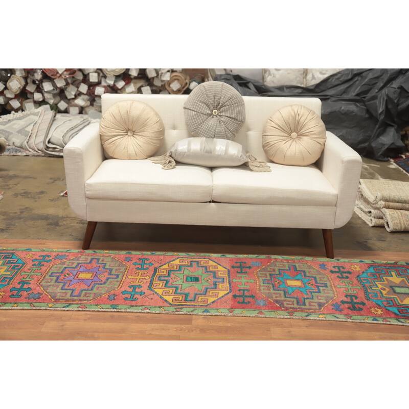 Hand Knotted Oriental 100% Wool Carpet Traditional Geometric Coral Ardebil Runner Rug - 9' 6'' X 2' 2''