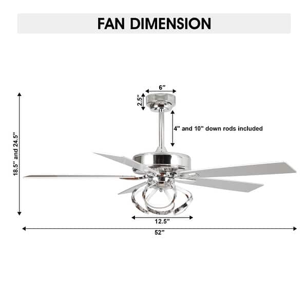 dimension image slide 0 of 5, 52" Modern Chrome/ Black Indoor Ceiling Fan Light with Remote and 5 Resiversible Blades