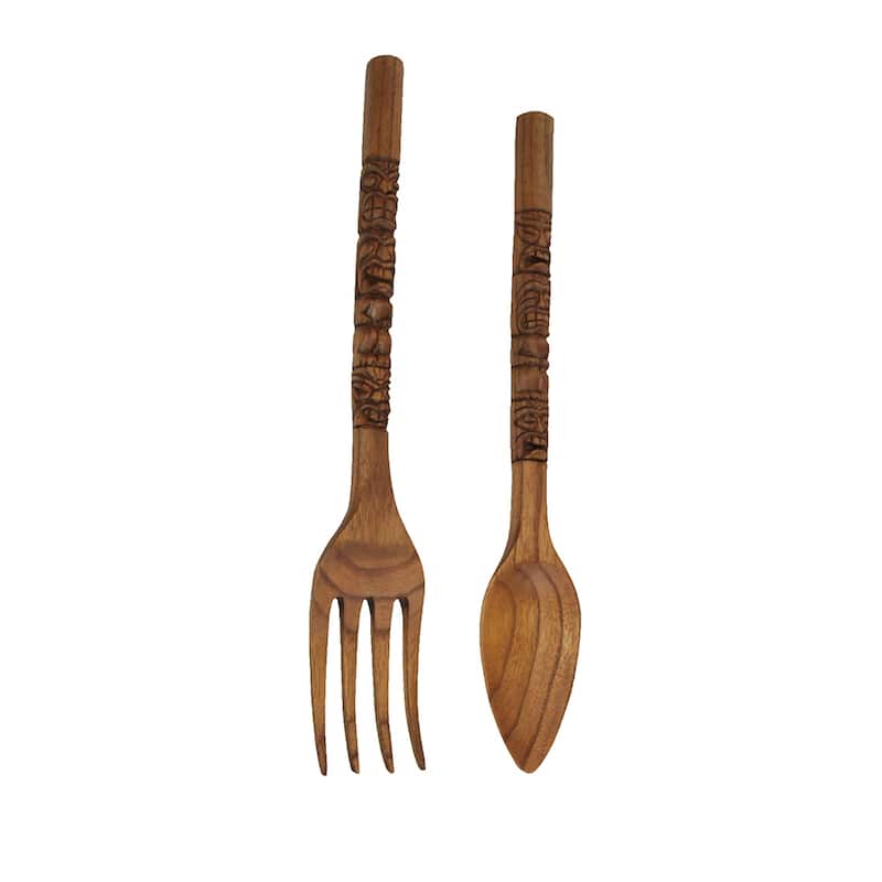 Carved Tiki Spoon & Fork Wooden Wall Decor Art Brown Utensil