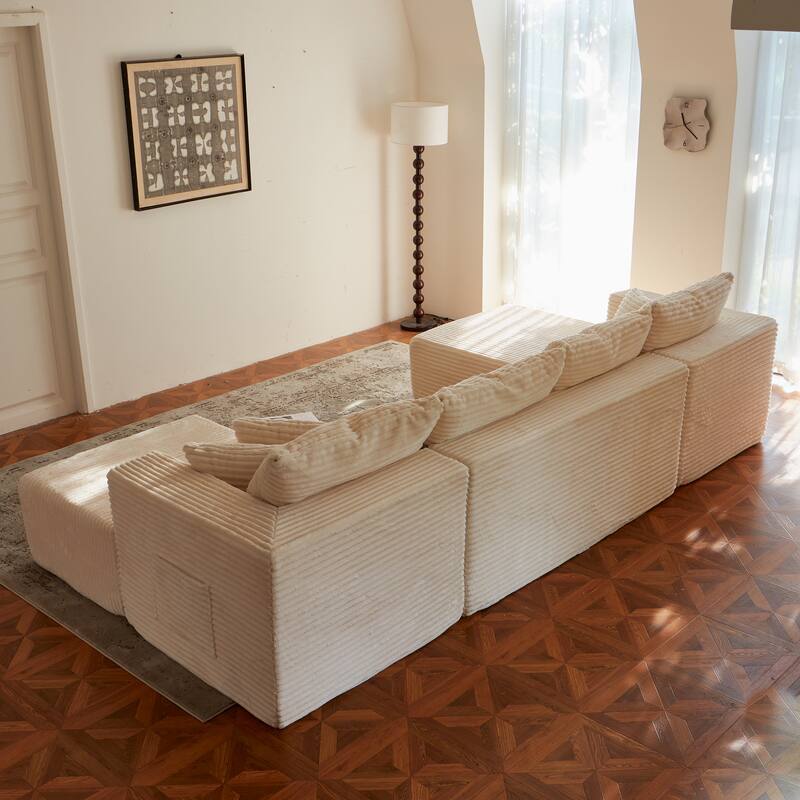 Modular Sectional Sofa with Chaise & Ottoman, Fabric Upholstered Boneless Cloud Sofa, Deep Seat Corner Sofa with Side Pockets