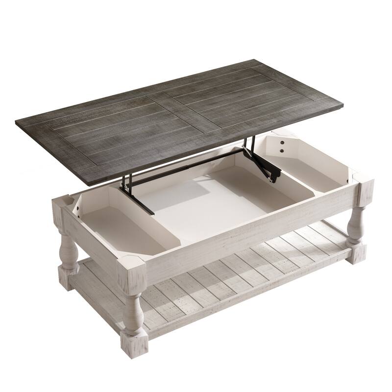 47" Farmhouse Lift Top Coffee Table with Fixed Shelf and 3 Hidden Storage