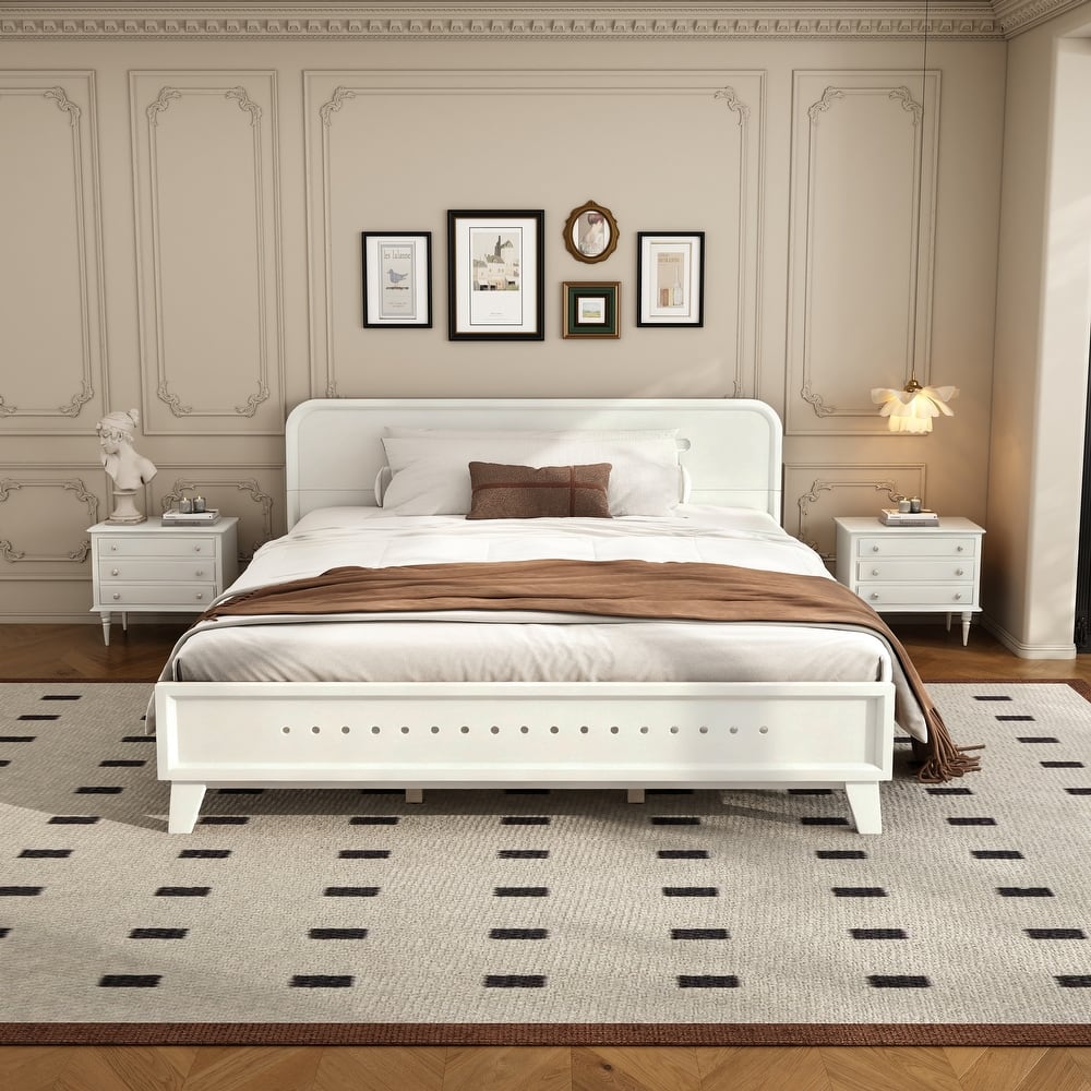 Rustic Pine Wood Bed Frame Low-Profile Platform Bed with Panel Headboard Solid Wood Slat Support and Extra Wide Thickened Legs