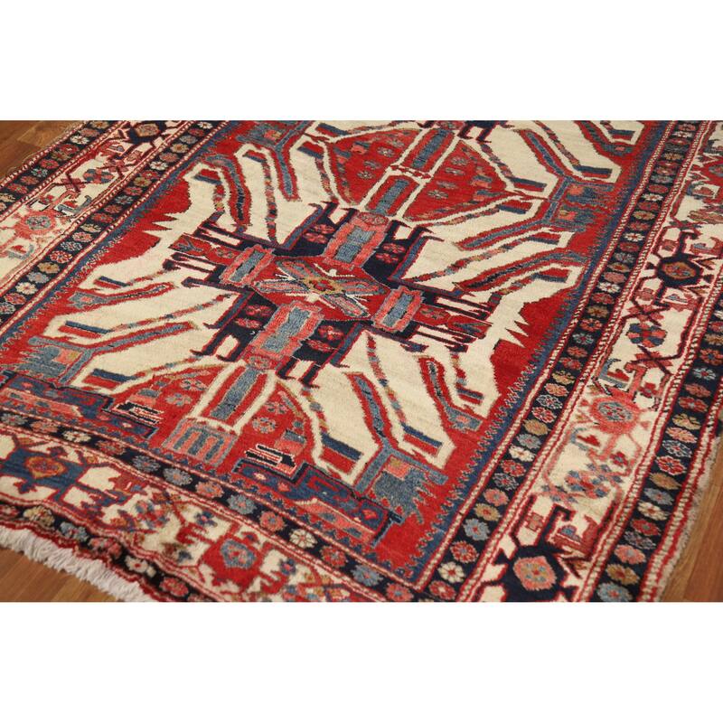 Hand Knotted Oriental 100% Wool Carpet Traditional Geometric Beige & Ivories Heriz (serapi) Area Rug - 7' 3'' X 4' 8''