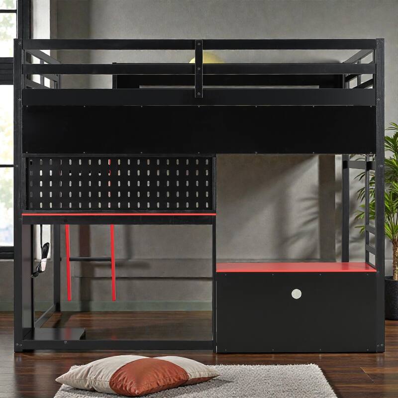 Full Size Wood Loft Bed with Desk, Shelves, LED Lights, USB Ports, Pegboard & Space-Saving Storage Design