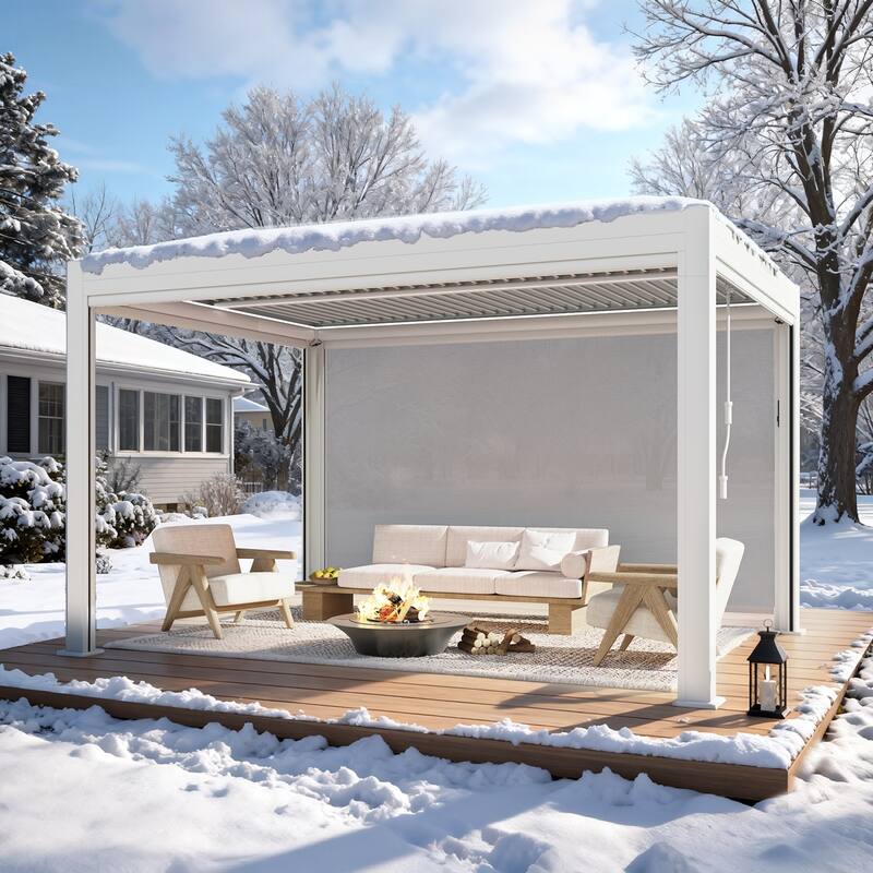 Erommy Outdoor Louvered Pergola Gazebo with Adjustable Aluminum Rainproof Roof and Pull-Down Screen