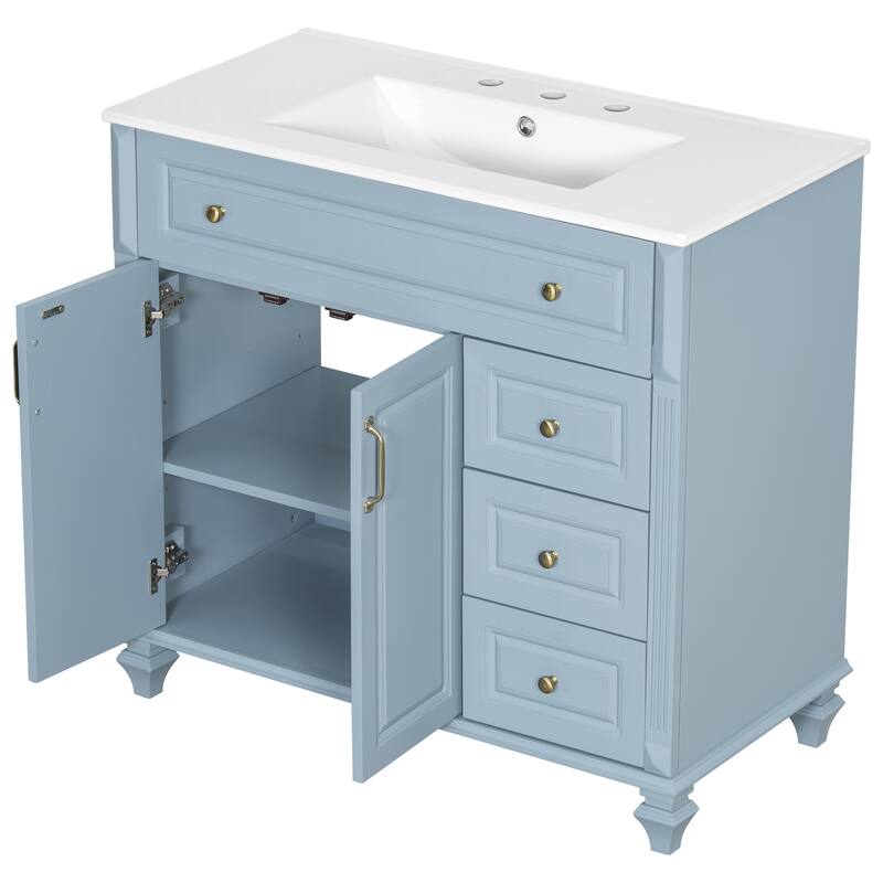 36" Bathroom Vanity with Sink - Solid Wood Cabinet with Flip Drawer, 3 Drawers & 2 Doors, Gold Handles, Modern Vanity