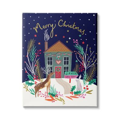 Stupell Merry Christmas Family Home Scene Festive Reindeer Holly Canvas Wall Art - Blue