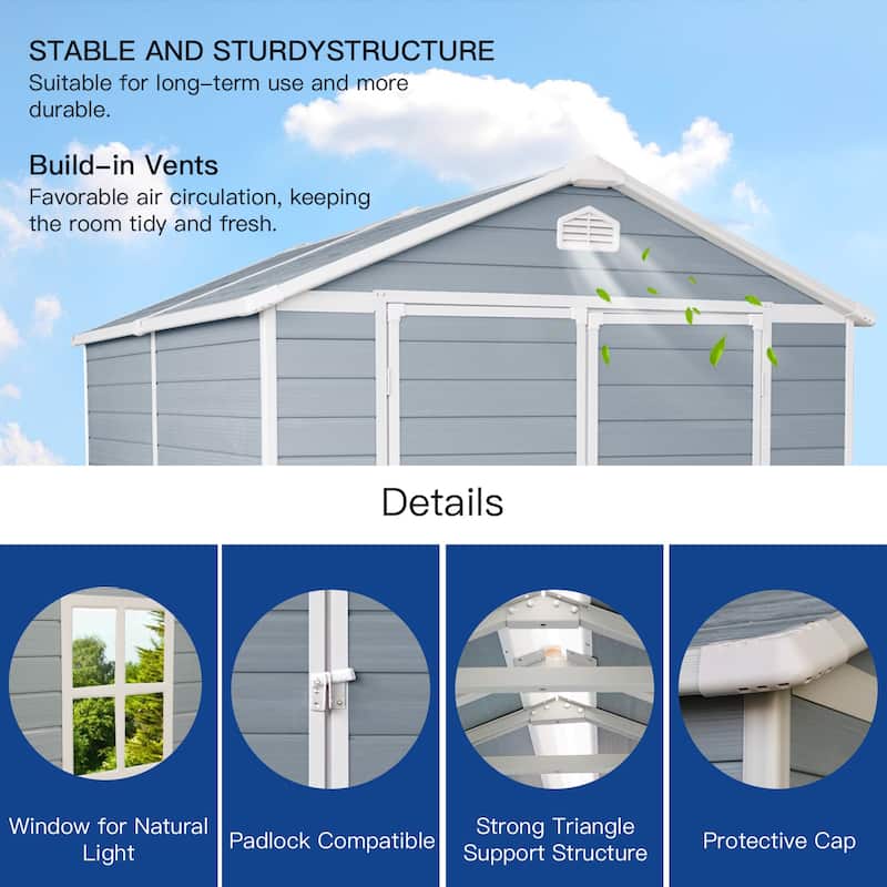 Resin Outdoor Storage Shed Tool Shed with Lockable Double Doors, All-Weather Garden Shed Pet Shed for Side Yard