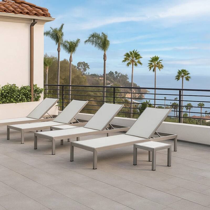Metal Adjustable Lounger with Slatted Side Table, Set of 4, Gray and White