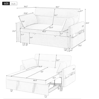 3-in-1 Pull Out Sofa Bed, Couch Bed with Adjsutable Back and Storage Pockets, 2 Seater Sofa with 2 Soft Pillows and USB Ports