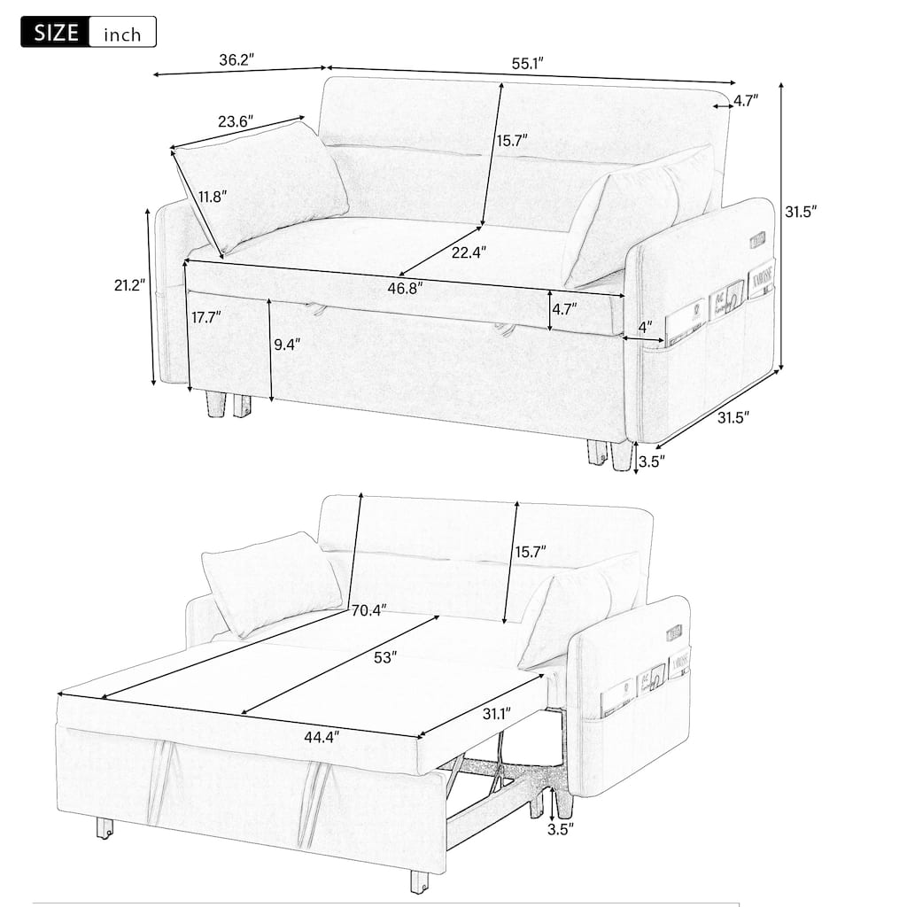 3-in-1 Pull Out Sofa Bed, Couch Bed with Adjsutable Back and Storage Pockets, 2 Seater Sofa with 2 Soft Pillows and USB Ports