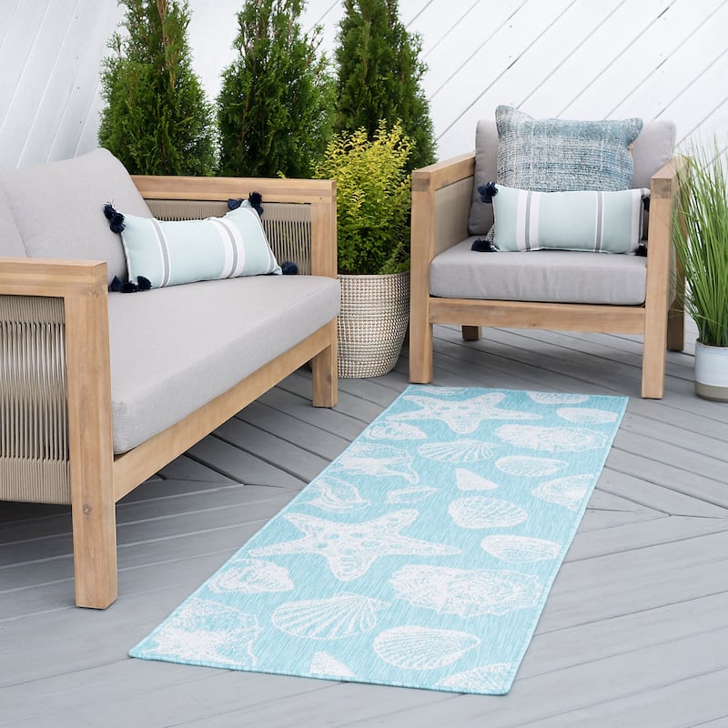 Exo Coastal Graphic Print Indoor/Outdoor Area Rug - 2'2'' x 7'3'' - Aqua