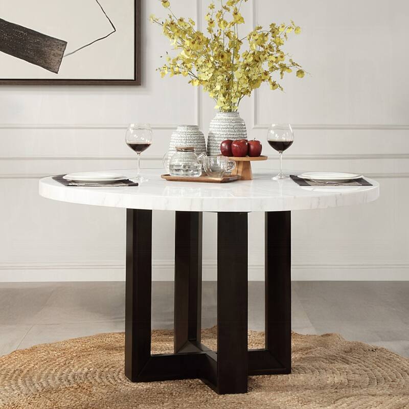 Round Marble Dining Table with X-cross Base in White and Espresso - White/Espresso