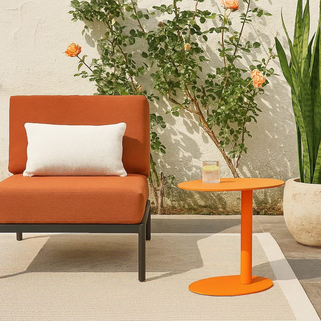 Modern Metal Outdoor Side Table with Oval Top and Base, Orange