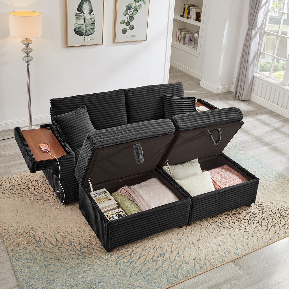 Modular Chaise Sleeper Sofa Bed, Corduroy Loveseat Couch & Storage Ottomans Set with Folding Table Boards and USB Ports