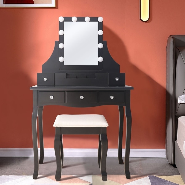 Vanity Set with Lighted Mirror and Cushioned Stool, Storage Shelves and 2  Drawers - Bed Bath & Beyond - 31673670