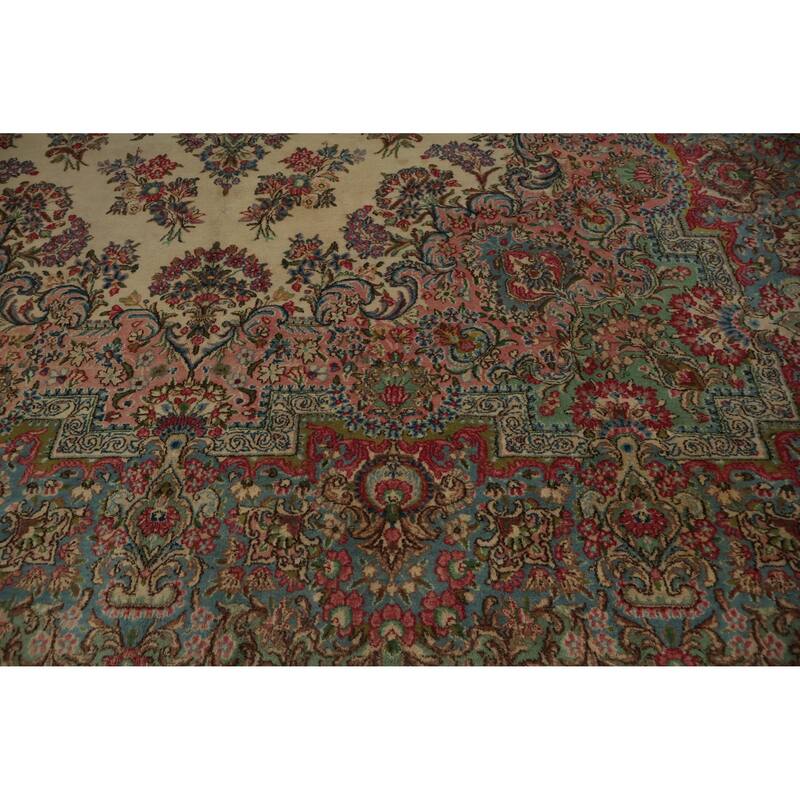 Hand Knotted Oriental 100% Wool Carpet Traditional Floral Beige & Ivories Kerman Area Rug - 13' 3'' X 9' 11''