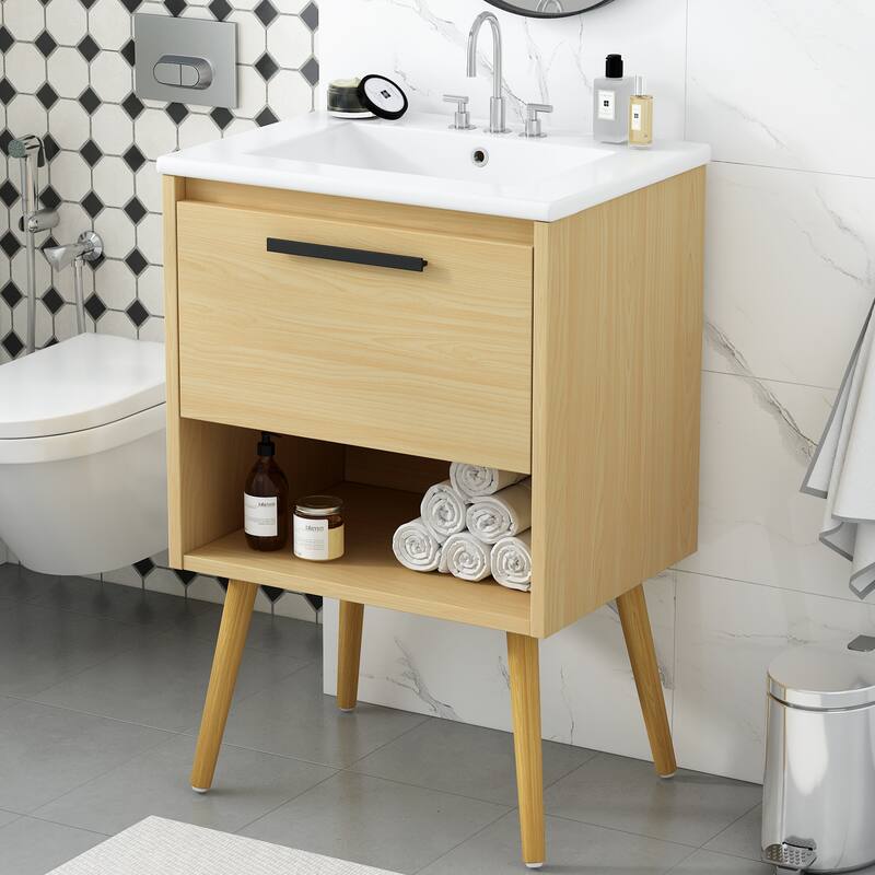 24" Bathroom Vanity with Sink Combo, Multi-functional Bathroom Cabinet with Drawer, MDF Board, Natural