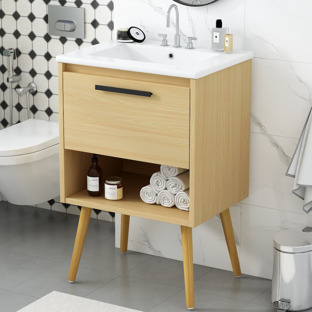 24 Inch Natural Log-Style Bathroom Storage Vanity with Ceramic Sink, Irregular Drawer, Open Shelf and Solid Wood Legs