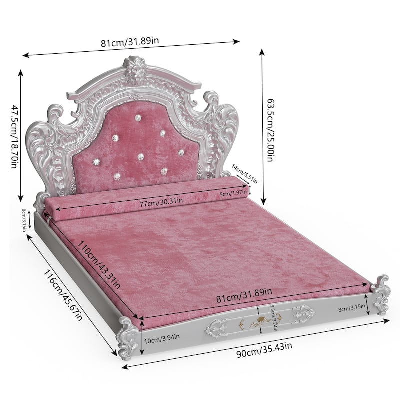 Silver Baroque Soft Velvet Cover Dog Bed Pet Sofa Furniture With Tufted Headboard Diamonds Decor