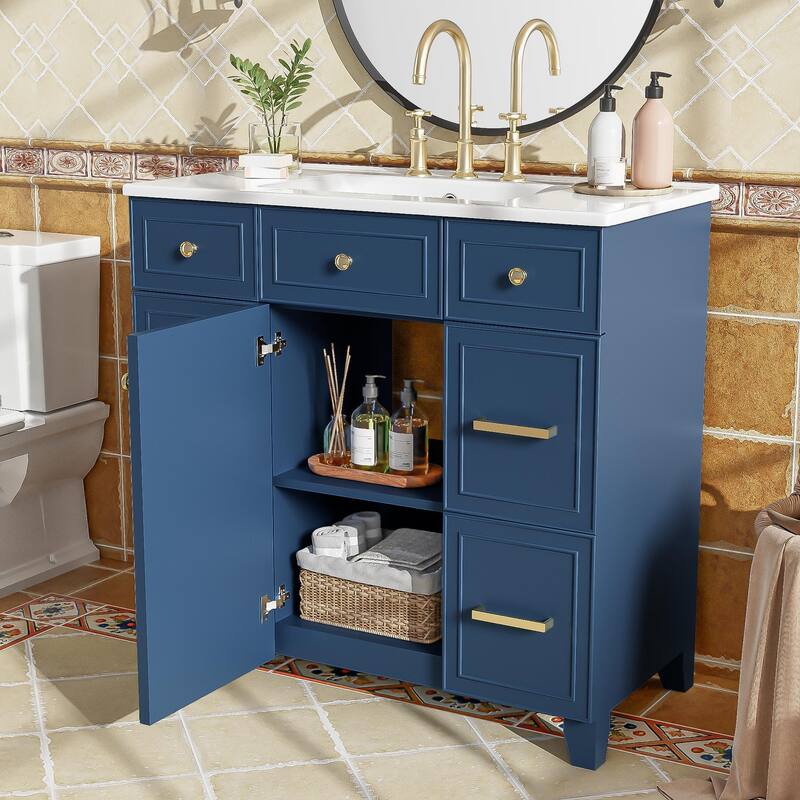 36 Inch Freestanding Bathroom Vanity with White Ceramic Basin and Door and Drawers