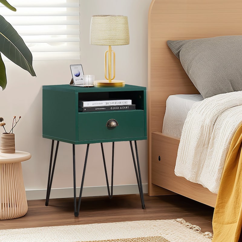 VECELO Mid Century Modern Nightstand with Drawer Open Shelf V-Shaped Metal Legs End Table for Bedroom Living Room