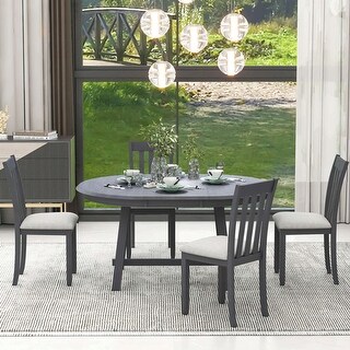 5-Piece Wood Dining Table Set Round Extendable Dining Table with 4 ...