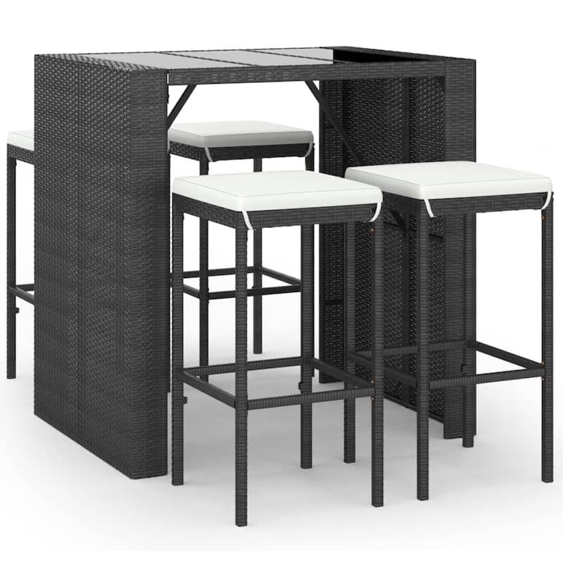 vidaXL 5 Piece Patio Bar Set with Cushions Black Poly Rattan - 15" x 15" x 29.9"