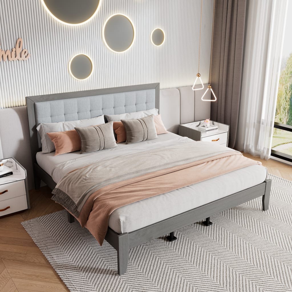 Roomfitters Mid-Century Solid Wood King Platform Bed Frame with Square Tufted Upholstered Headboard and Slats, Grey